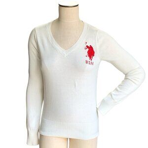 US Polo Assn White V-Neck Sweater Sz Juniors L #68A
